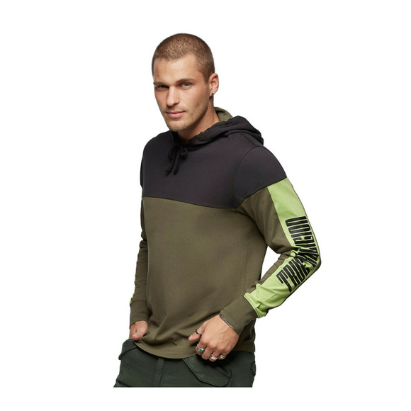 True Religion Men's Long Sleeve Paneled Pullover Hoodie Shirt in Lime/Olive - Picture 3 of 6